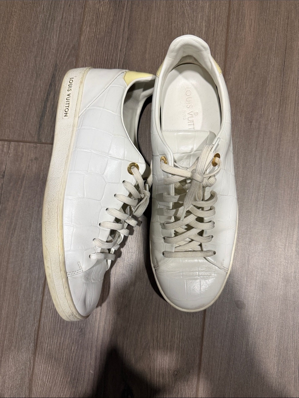 Louis Vuitton White Croc-Embossed Low-Top Sneakers with Gold Eyelets